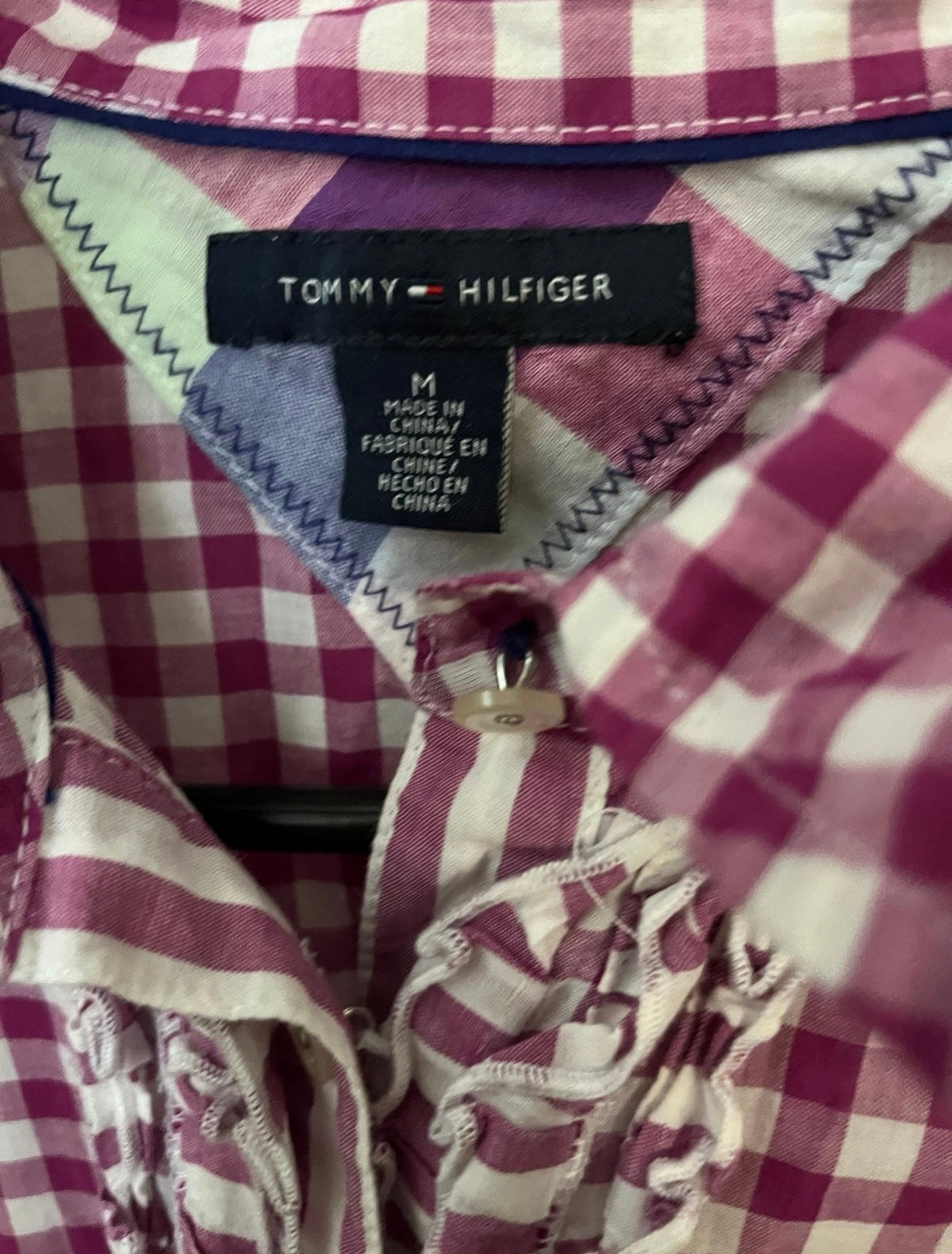 Pink and White Plaid Medium Tommy Hilfiger Button Up With Bell Sleeves