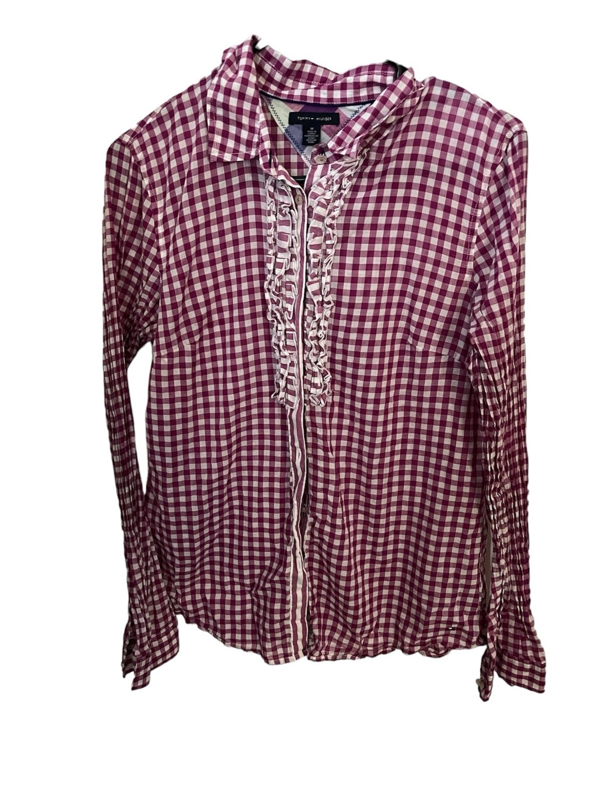 Pink and White Plaid Medium Tommy Hilfiger Button Up With Bell Sleeves