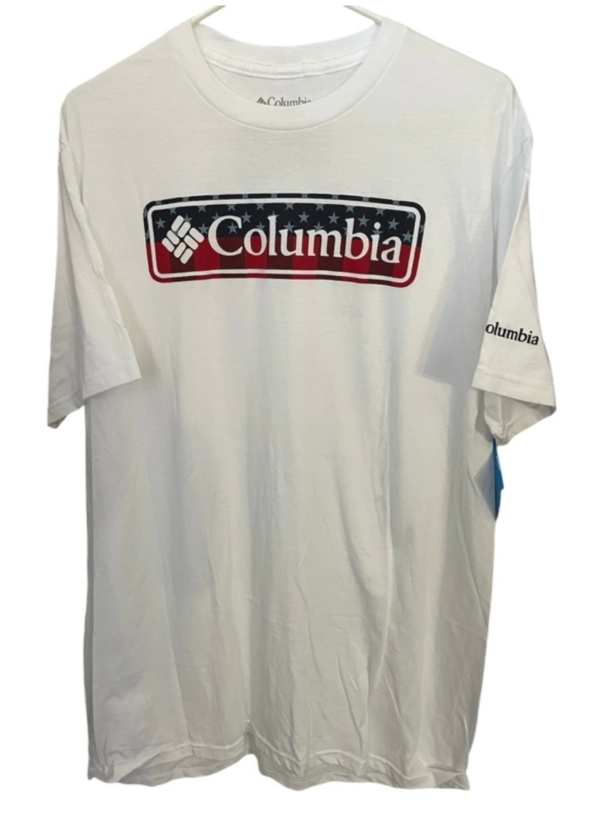 Columbia White with Logo on Front and Sleeve T-Shirt Large